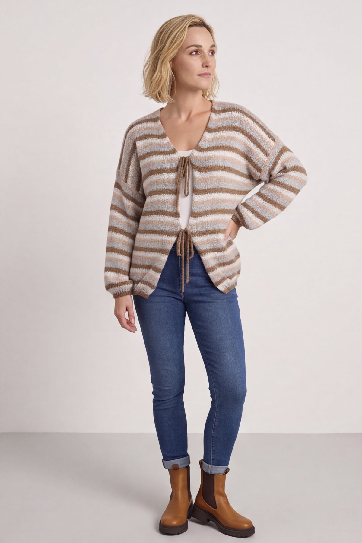 Merlyn Stripe Tie Knitted Cardigan Camel – image 2 of 6