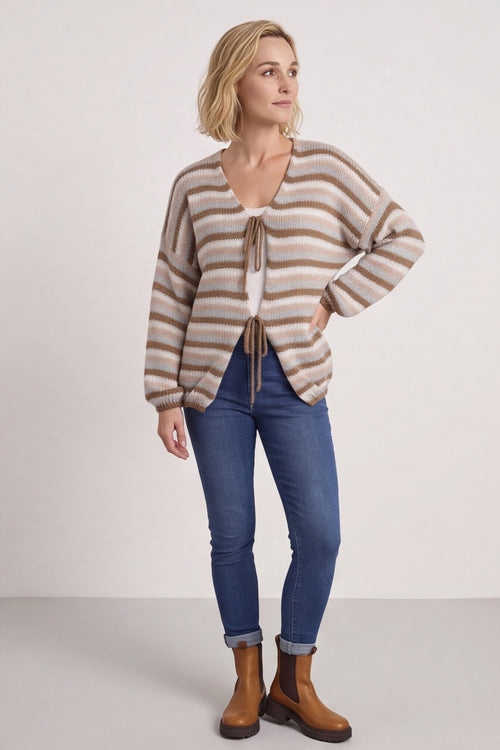 Merlyn Stripe Tie Knitted Cardigan Camel – image 2 of 6