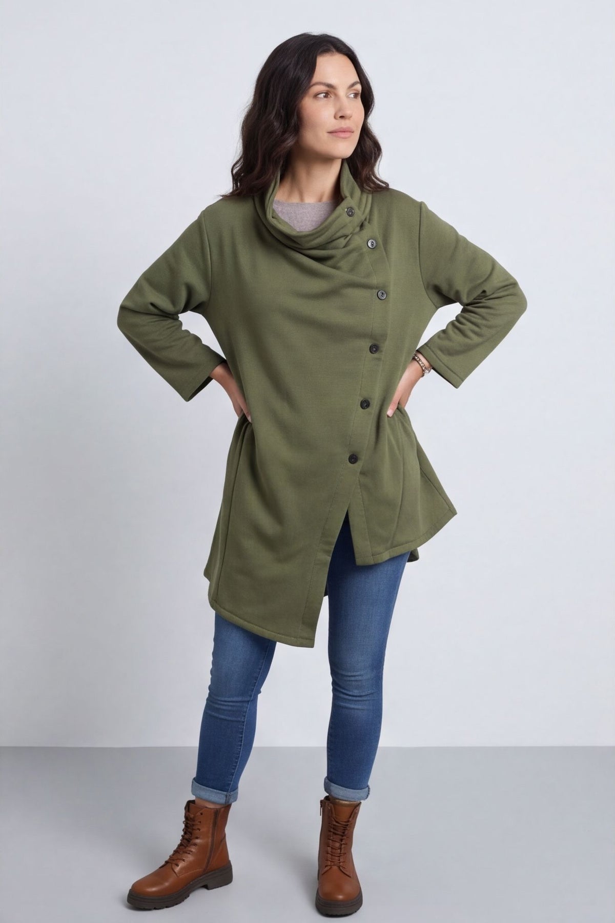 Damaris Asymmetric Button Cotton Top Khaki – image 2 of 6