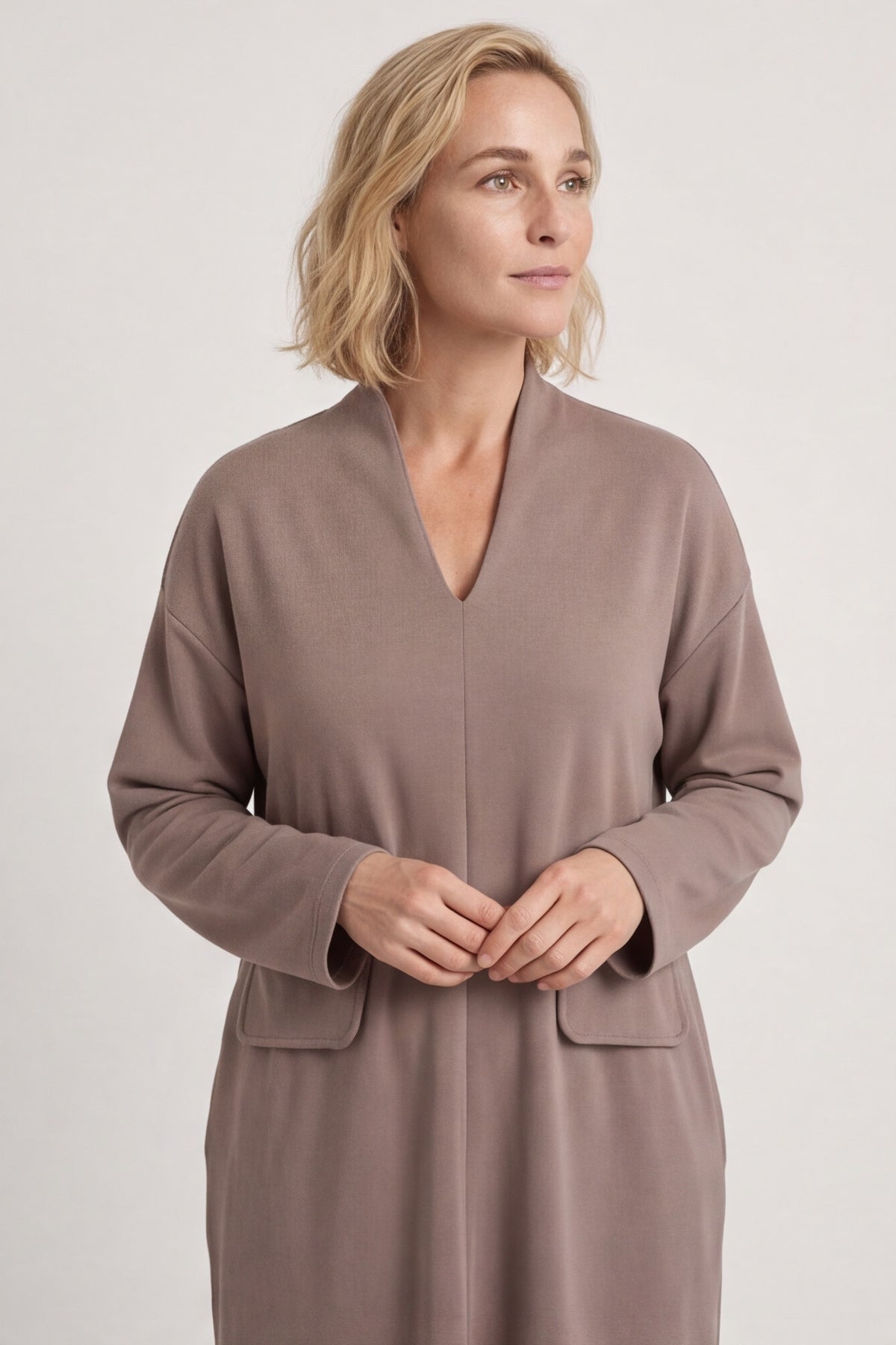 Clarissa V-Neck Cotton Dress Mocha – image 2 of 6