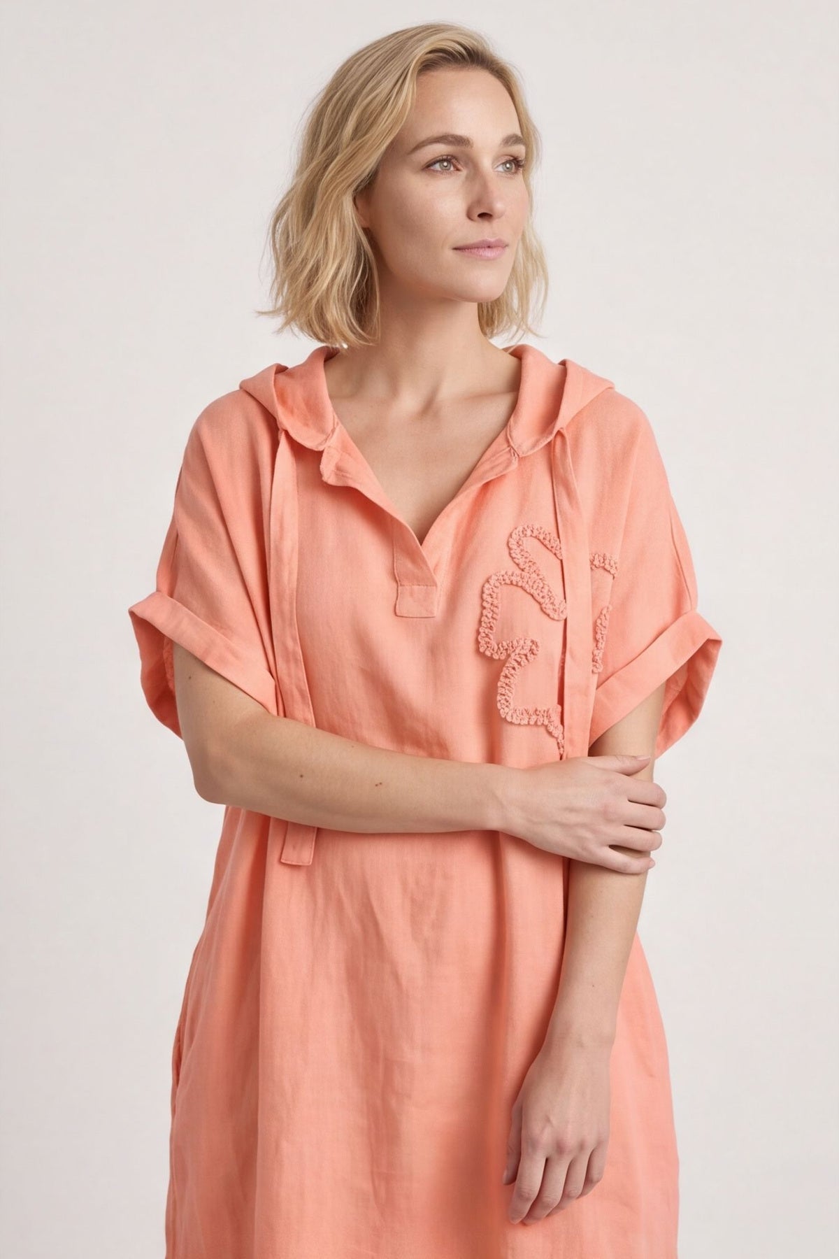 Carlina Hooded Flower Detail Linen Dress Orange – image 2 of 6
