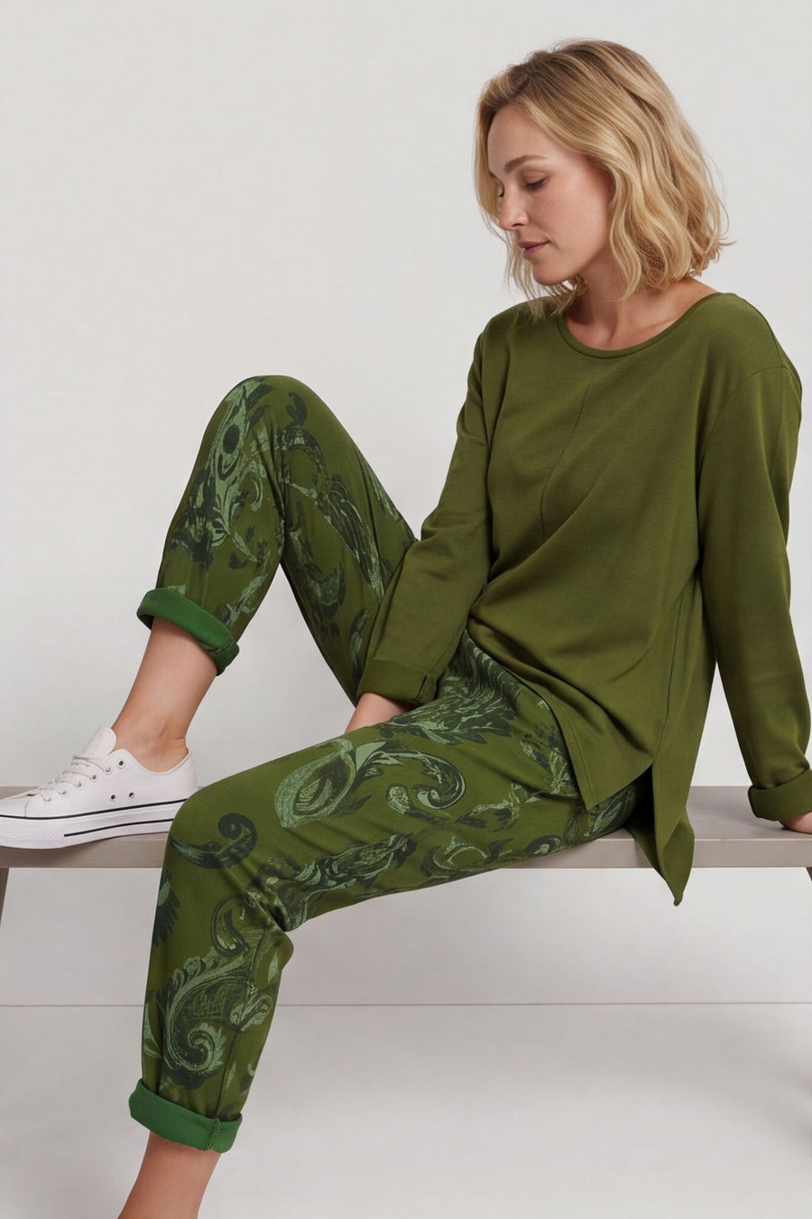Lilah Print Cotton Trousers Olive – image 2 of 3