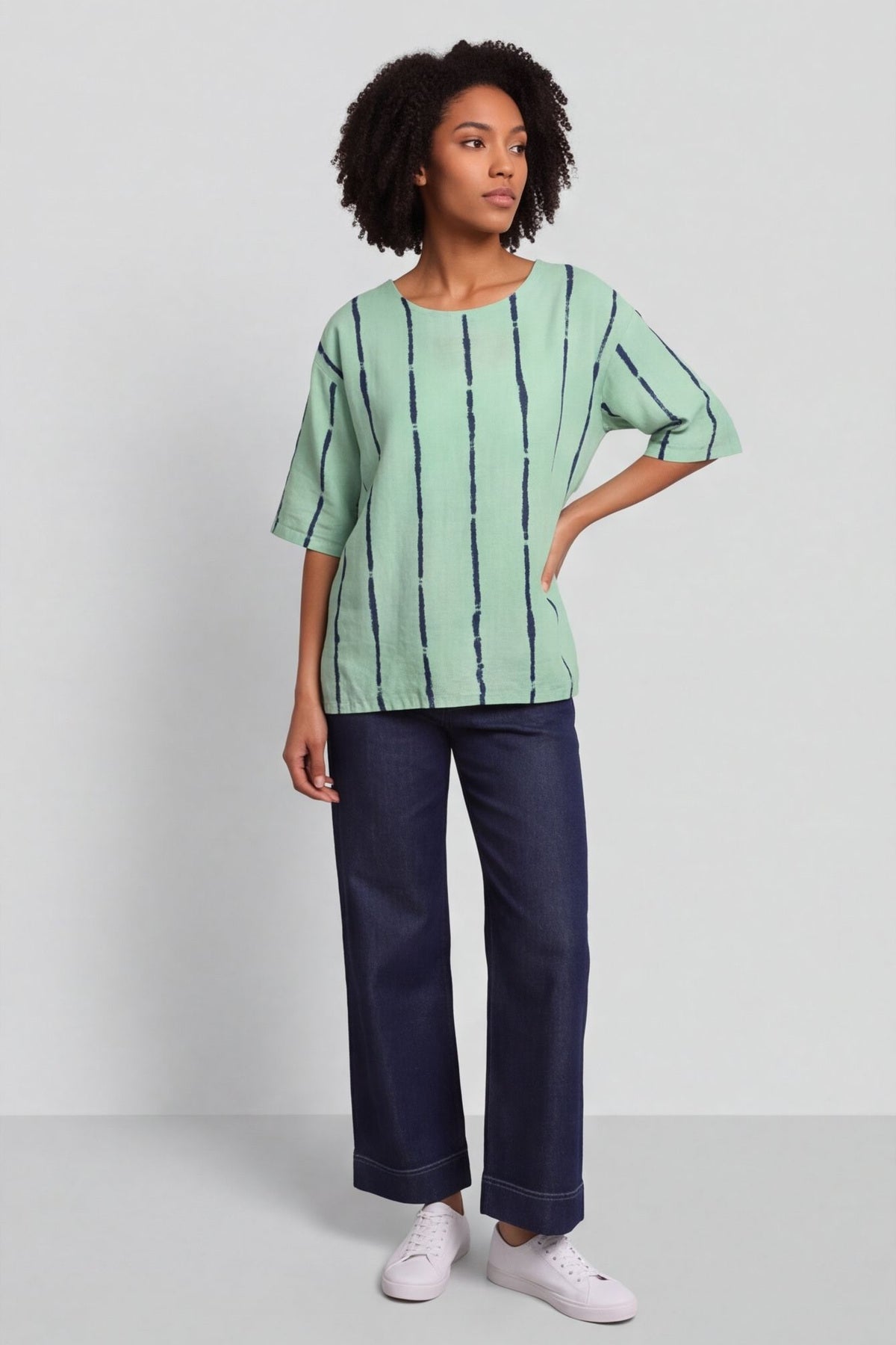 Kalia Stripe Linen Top Green – image 1 of 4