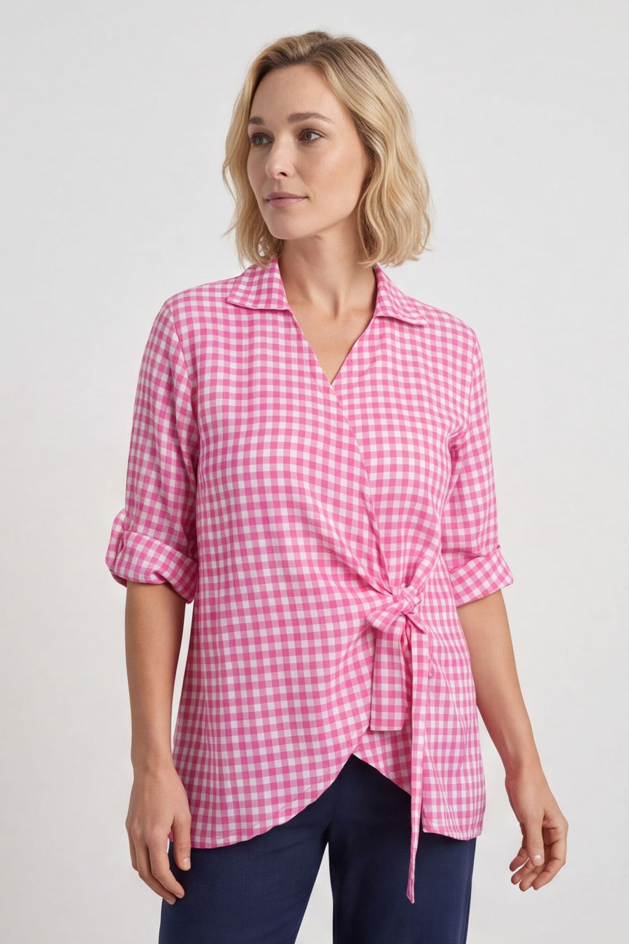 Shyla Gingham Wrap Cotton Top Fuchsia – image 2 of 6