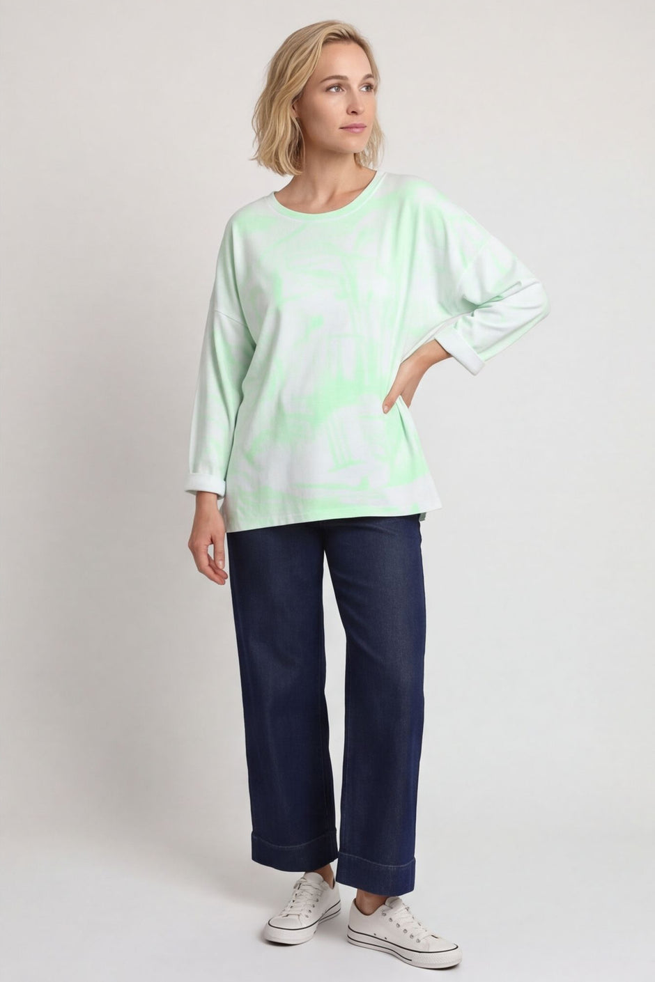 Charnette Long Sleeve Tie Dye Cotton Top Green – image 1 of 4