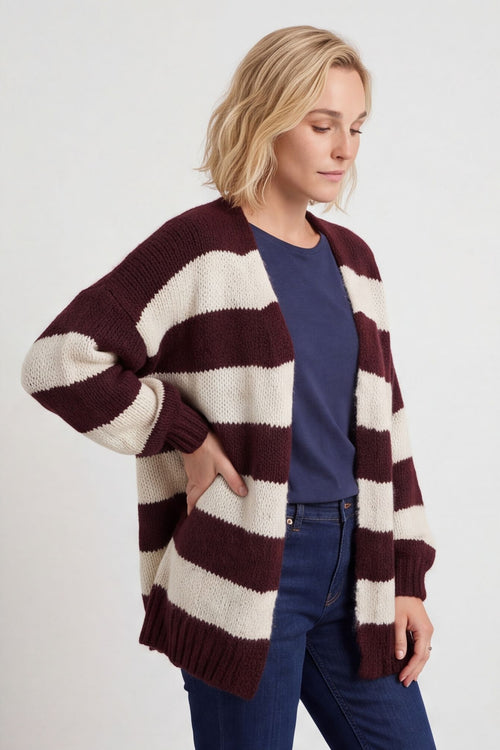 Kennedy Stripe Knitted Cardigan Wine – image 2 of 6