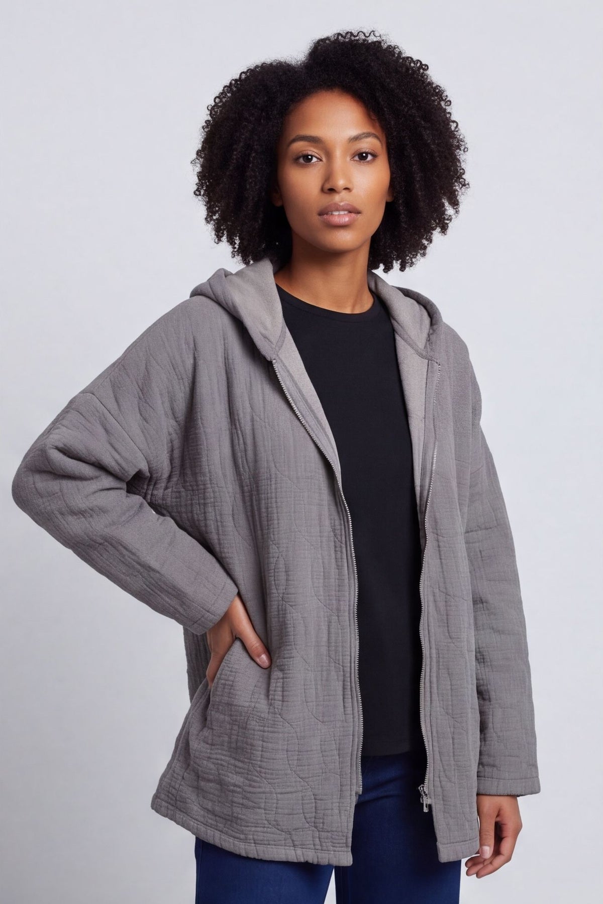Colleen Cotton Zip Hooded Jacket Mocha – image 2 of 5