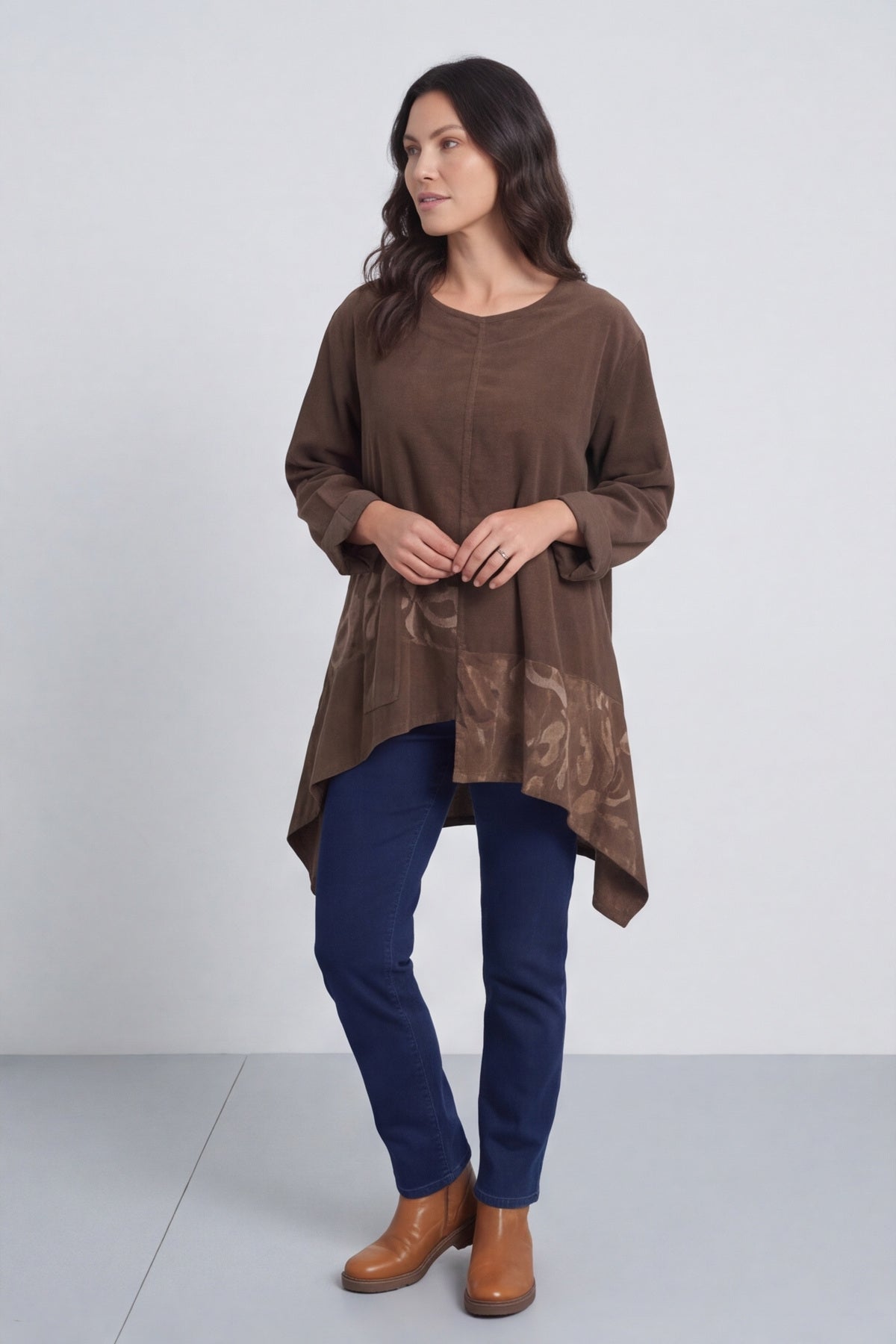Berenice Print Detail Needlecord Top Nutmeg – image 2 of 6