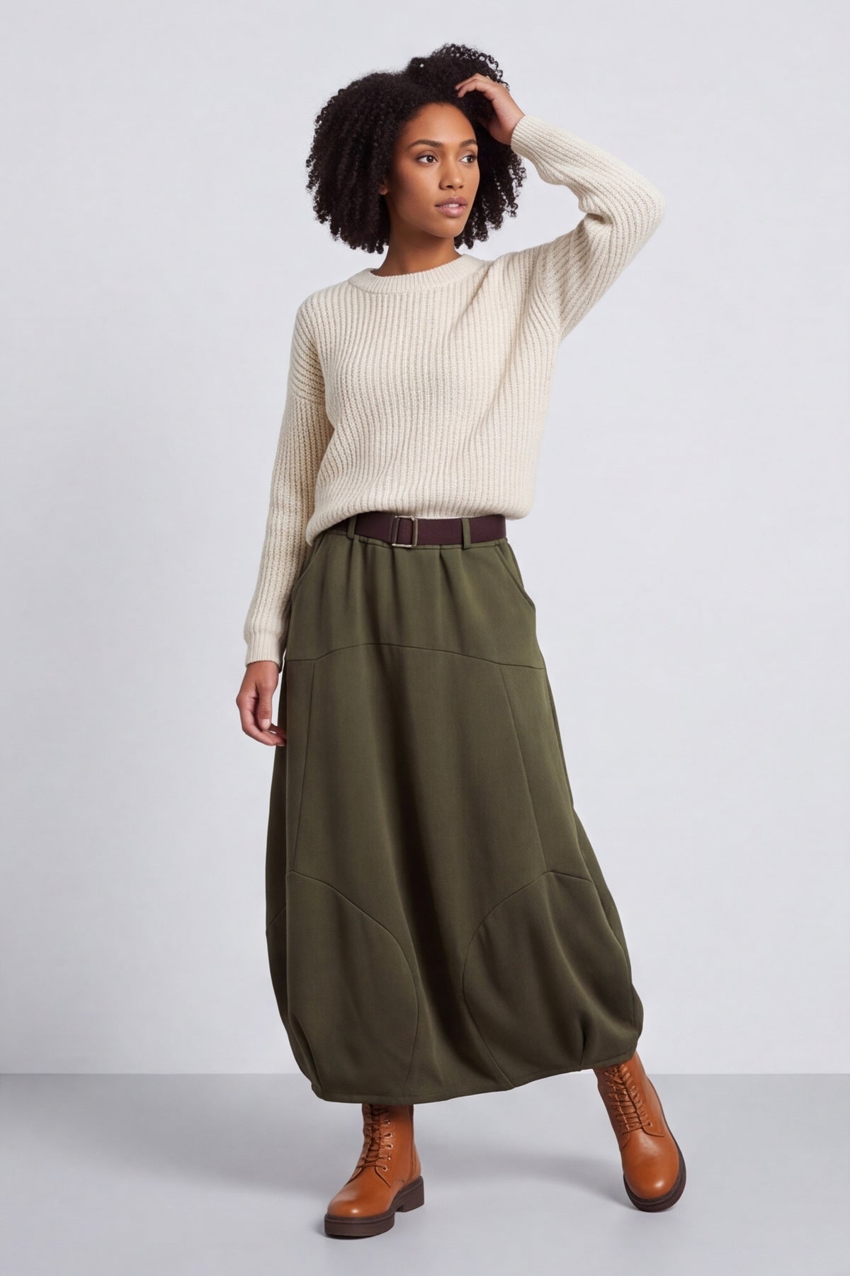 Georgetta Belted Cotton Skirt Khaki – image 2 of 6