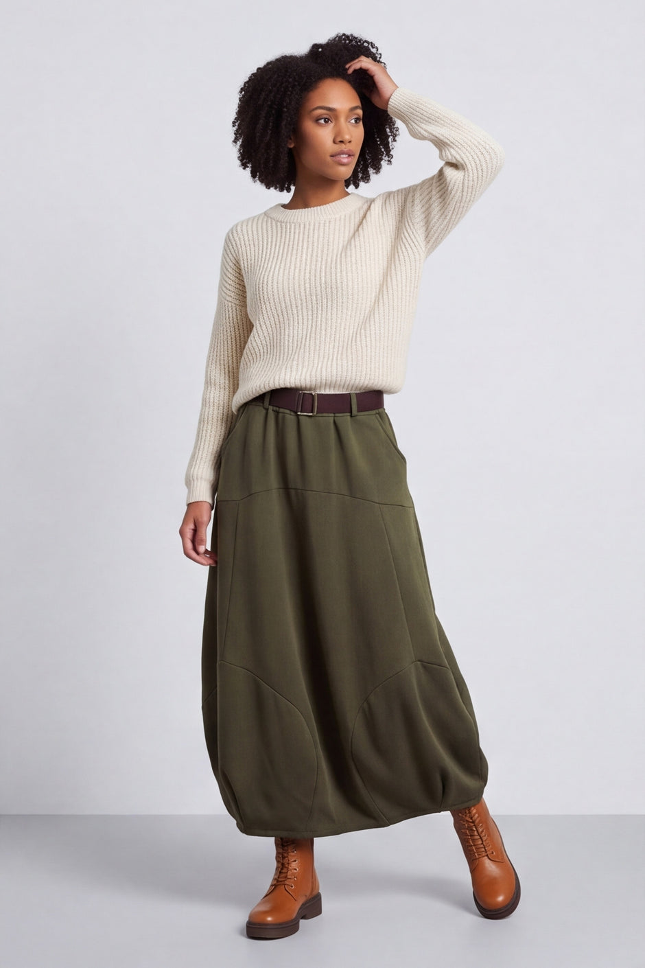 Georgetta Belted Cotton Skirt Khaki – image 2 of 6