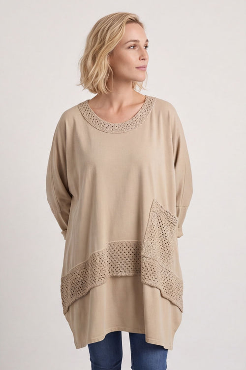 Mozelle Crochet Detail Cotton Top Stone – image 2 of 6