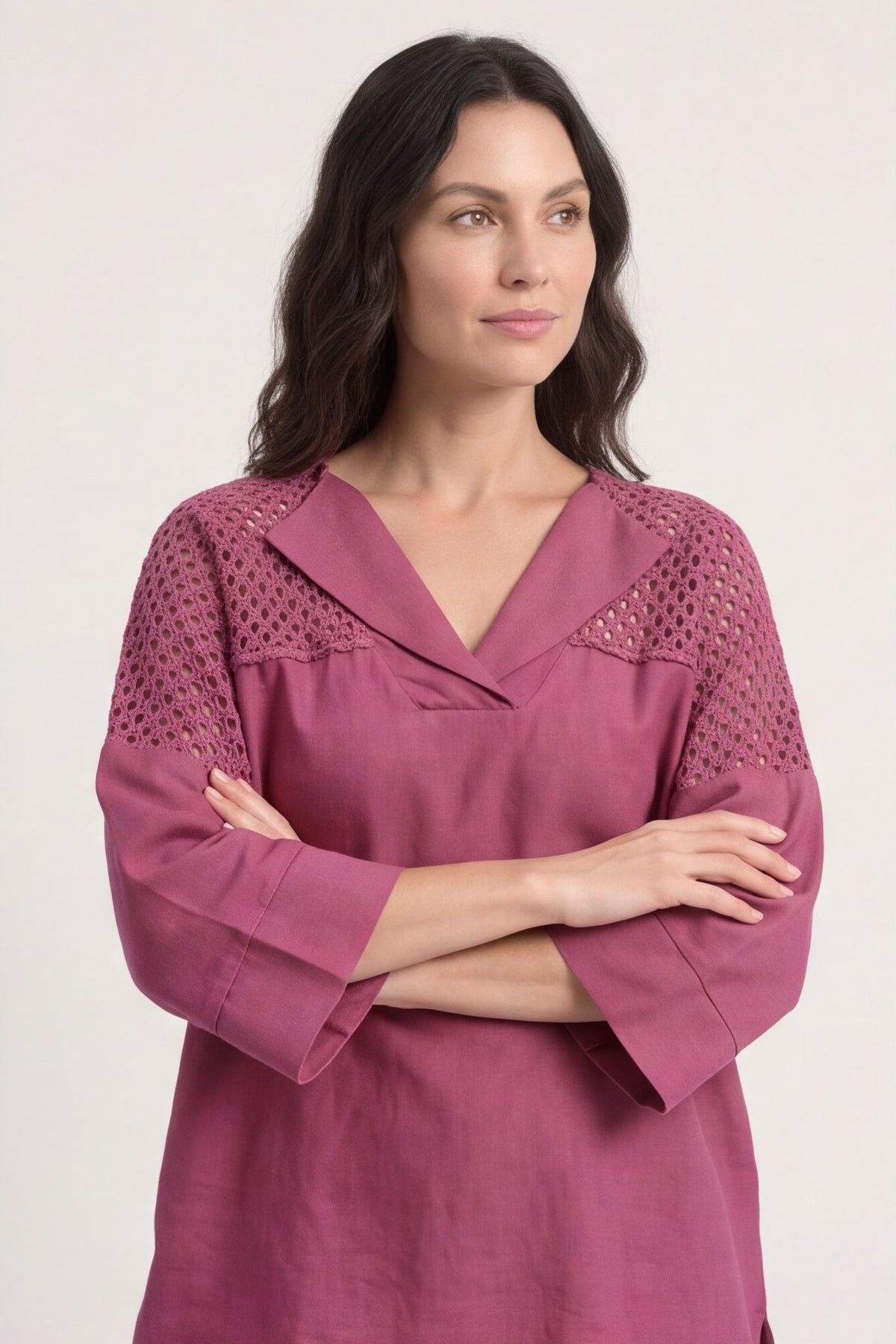Natasha Crochet Shoulder Linen Top Wine – image 2 of 6