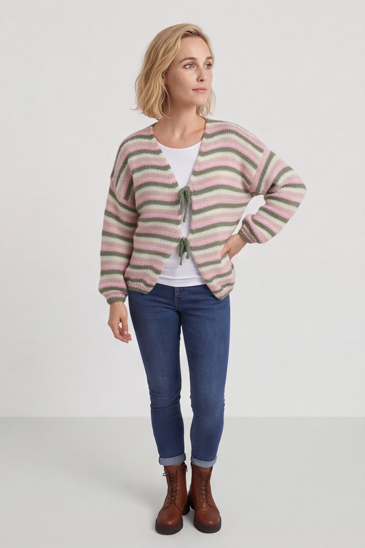 Merlyn Stripe Tie Knitted Cardigan Khaki – image 2 of 6