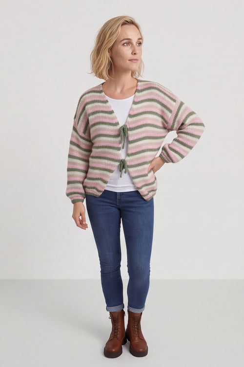 Merlyn Stripe Tie Knitted Cardigan Khaki – image 2 of 6