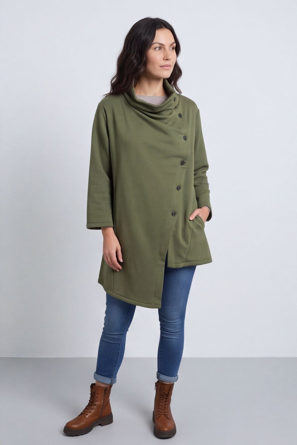 Damaris Asymmetric Button Cotton Top Khaki – image 3 of 6