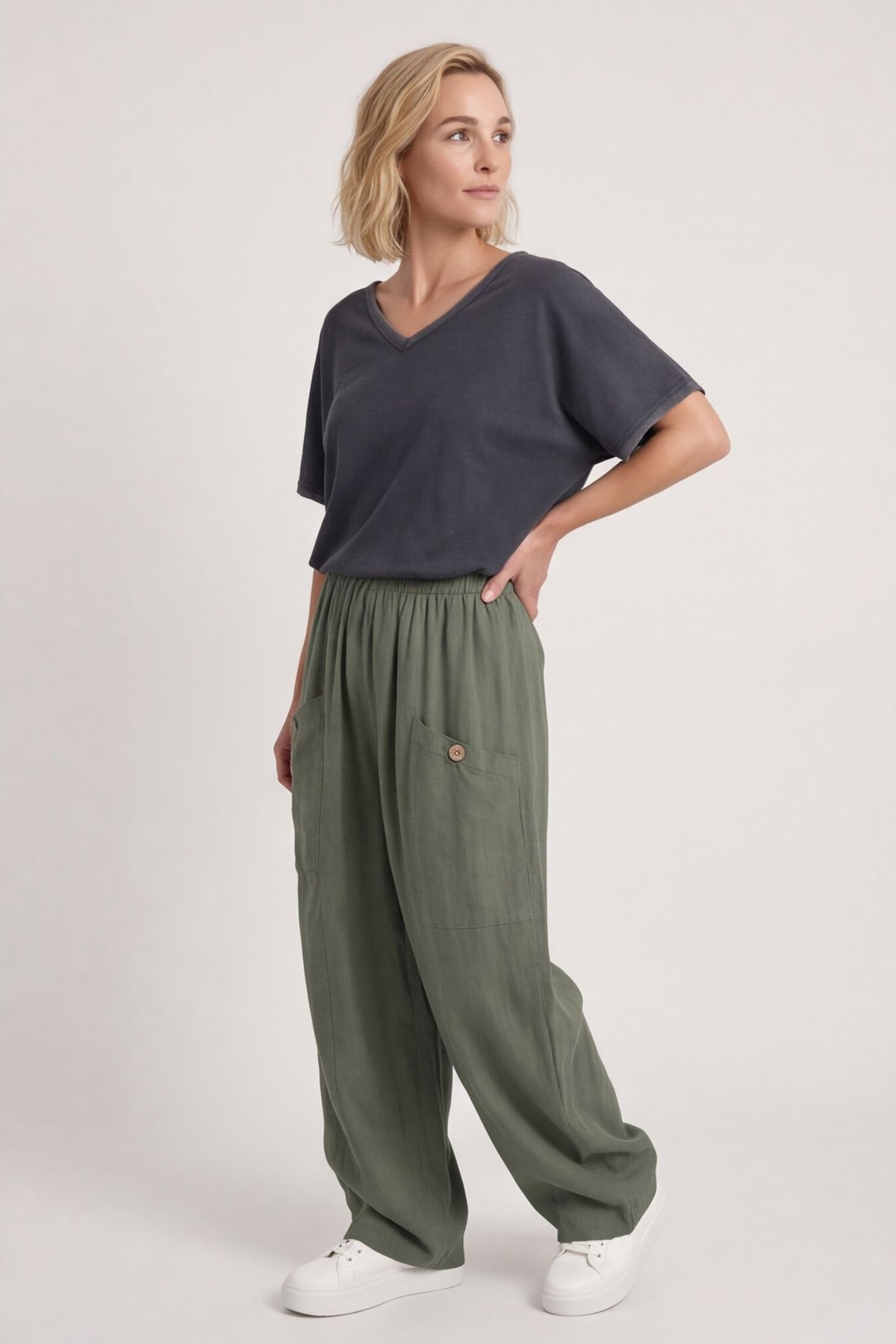 Clarisse Button Pocket Linen Trousers Khaki – image 3 of 4