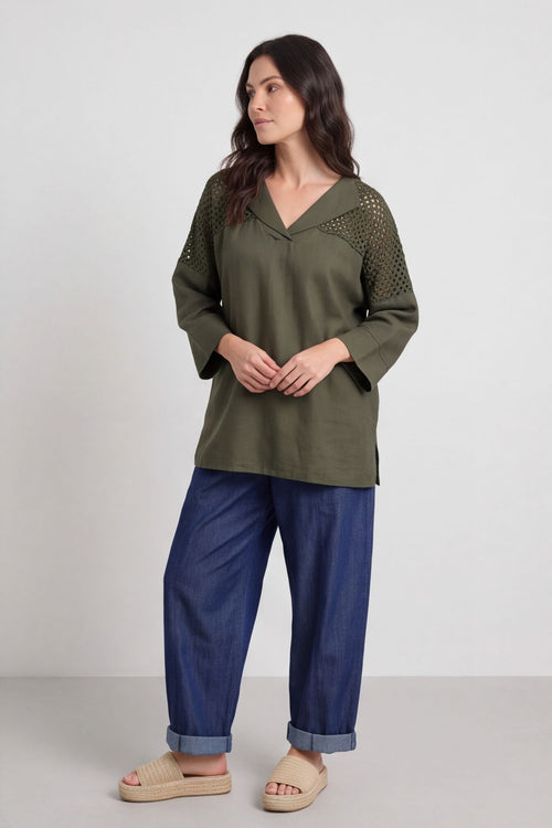 Natasha Crochet Shoulder Linen Top Dark Khaki – image 3 of 6