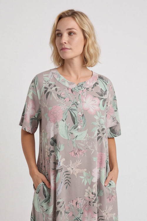 Mavis Floral Linen Dress Mocha – image 3 of 6