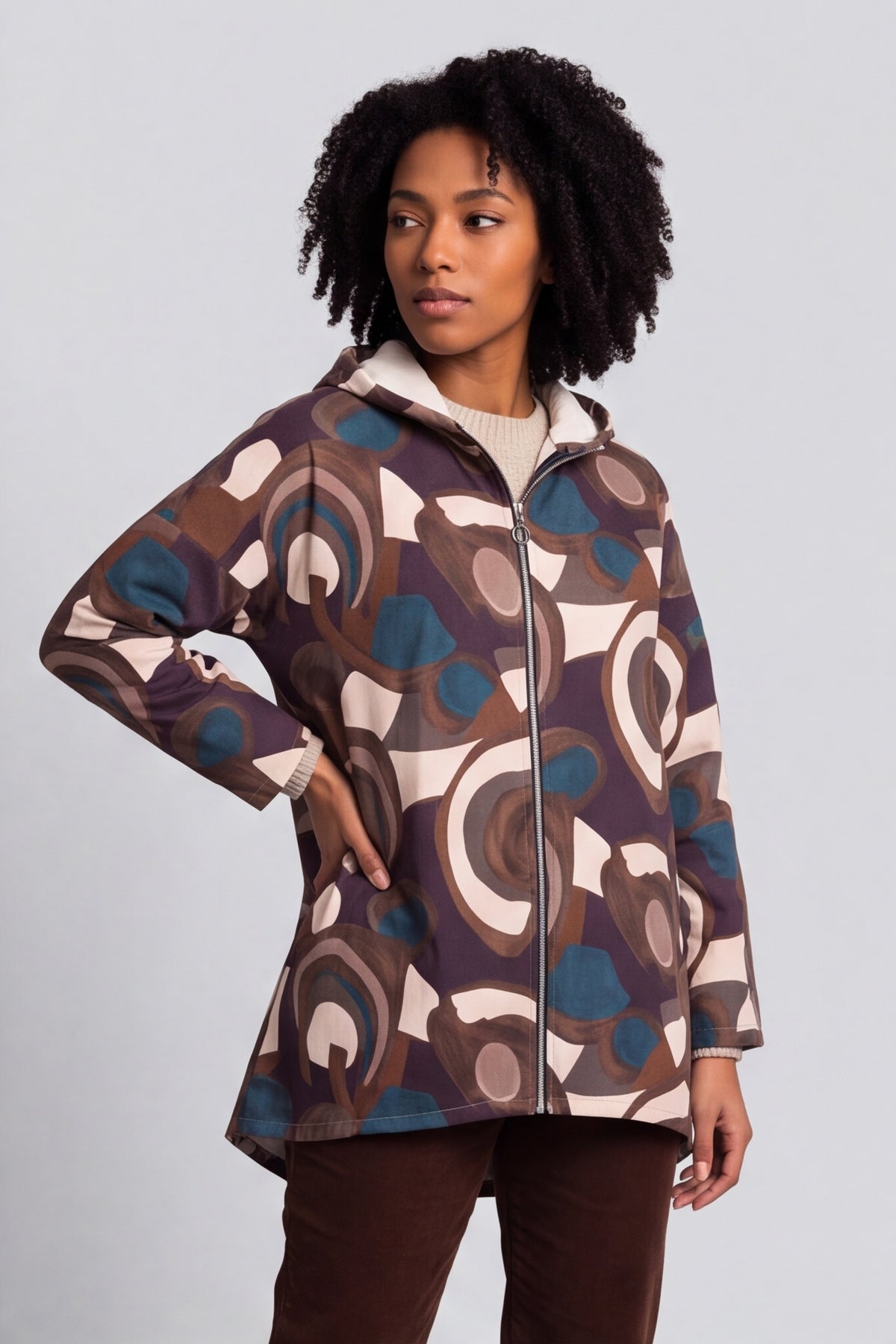Cynthia Print Zip Hooded Jacket Teal – image 3 of 6