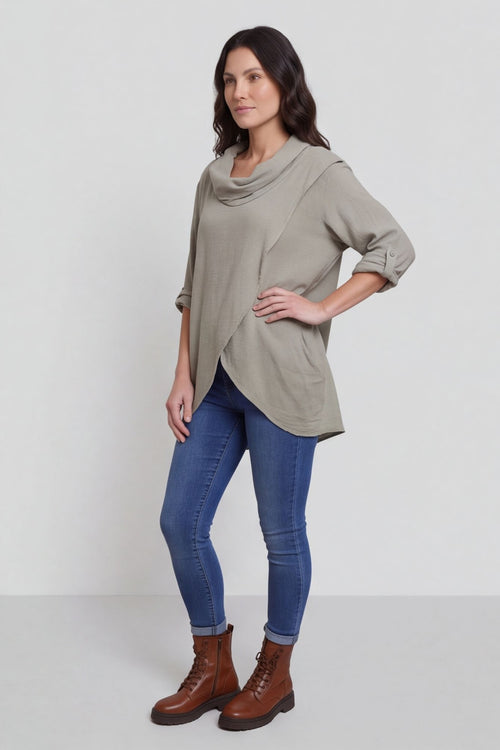 Beulah Cowl Neck Cotton Top Mocha – image 2 of 4