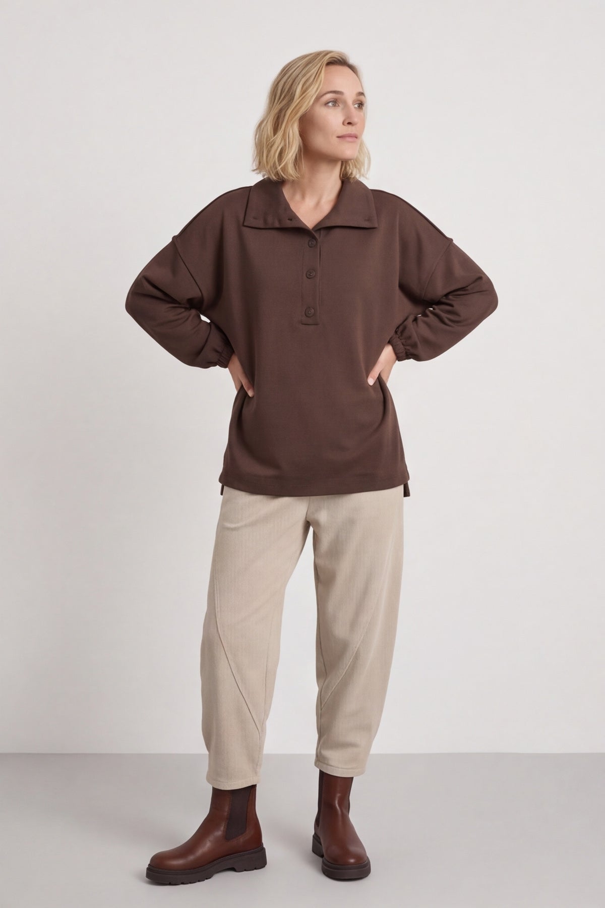 Sybil Button Cotton Sweatshirt Cocoa – image 3 of 6