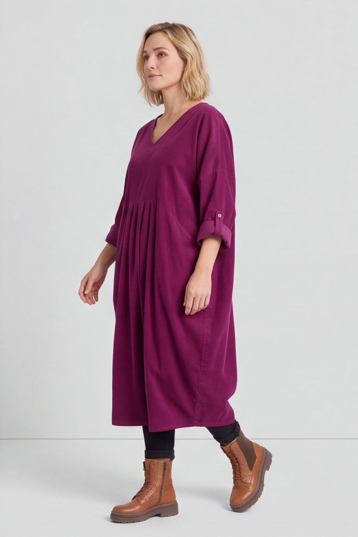 Dinah V-Neck Needlecord Dress Burgundy – image 3 of 6