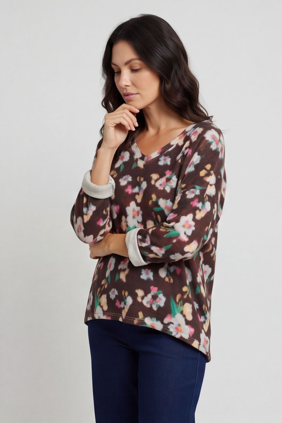 Kirsty Flower V-Neck Knit Top Cocoa – image 3 of 6