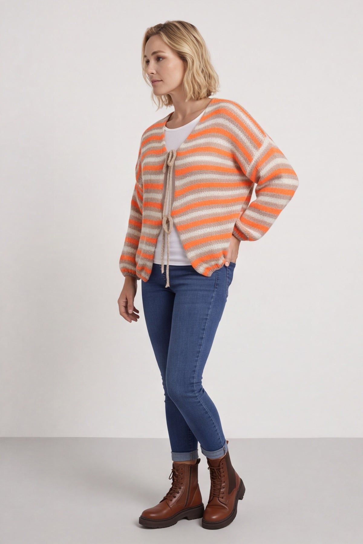 Merlyn Stripe Tie Knitted Cardigan Orange – image 3 of 6