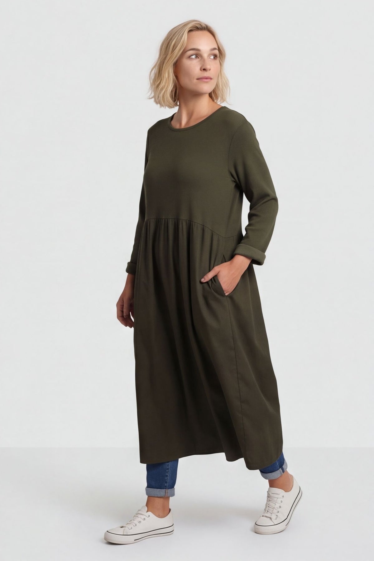 Tina Ribbed Detail Cotton Dress Khaki – image 3 of 6