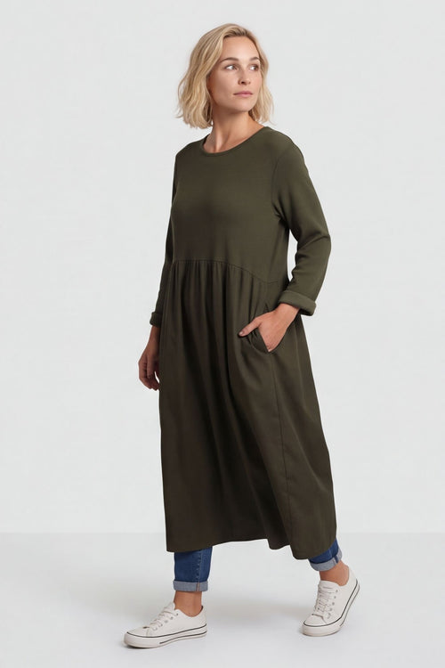 Tina Ribbed Detail Cotton Dress Khaki – image 3 of 6