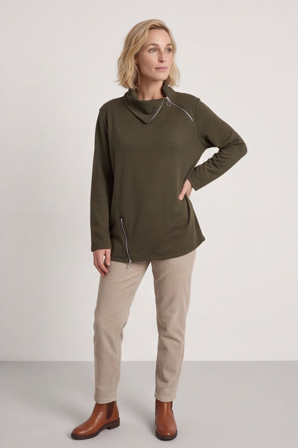 Shaye Zip Detail Cotton Top Khaki – image 3 of 6