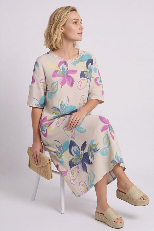 Mallory Print Linen Dress Stone – image 3 of 6