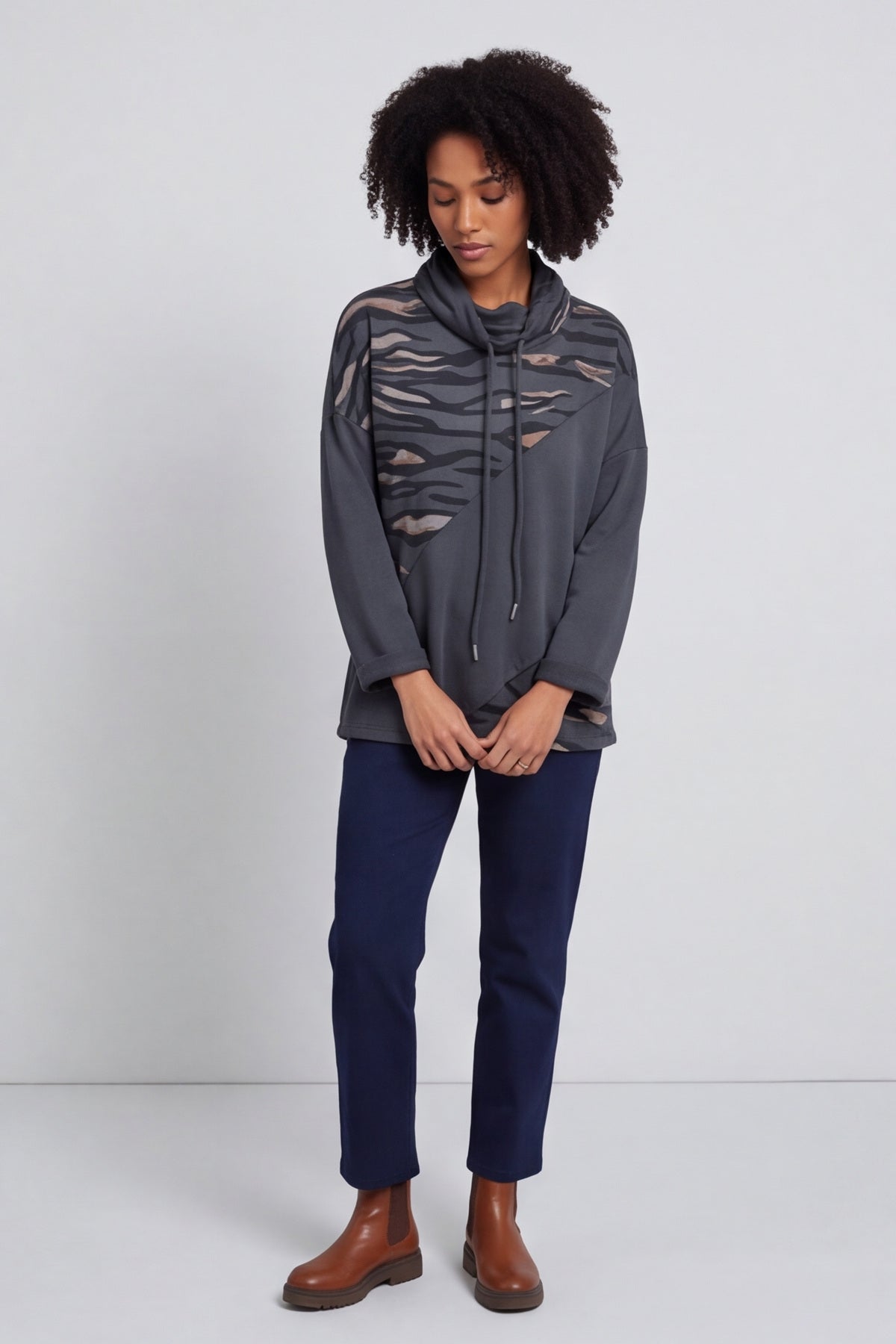 Lydia Cowl Print Cotton Top Charcoal – image 3 of 6