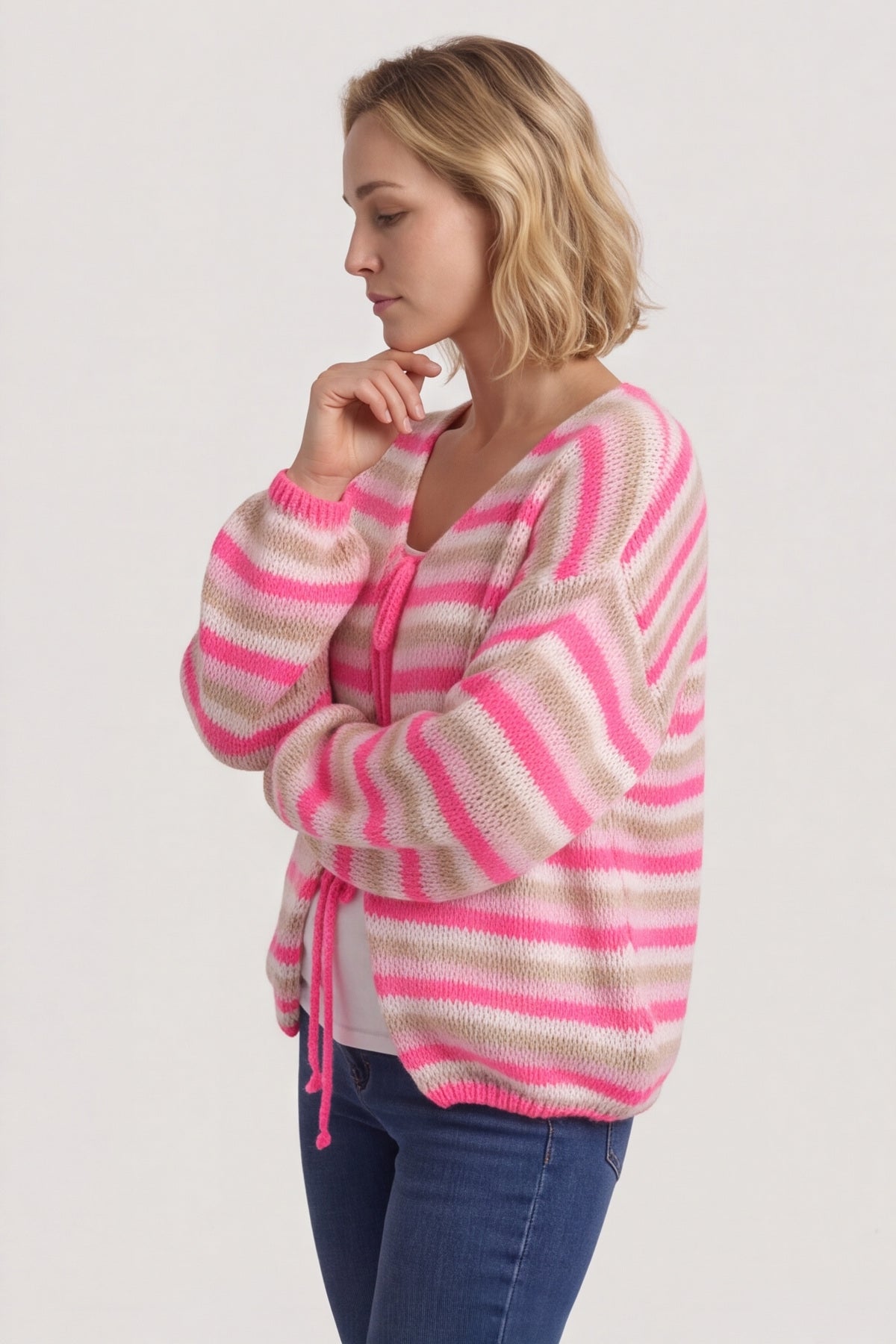 Merlyn Stripe Tie Knitted Cardigan Fuchsia – image 3 of 6