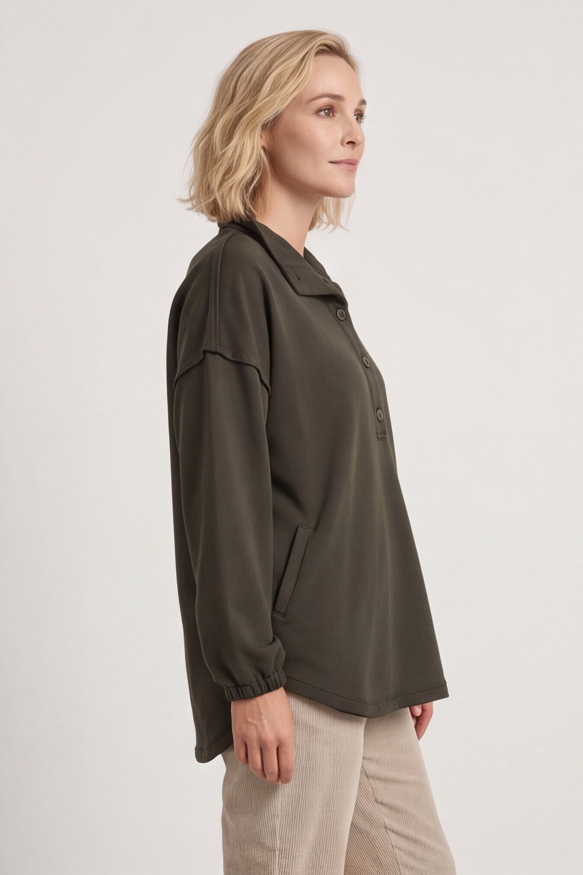 Sybil Button Cotton Sweatshirt Khaki – image 3 of 6