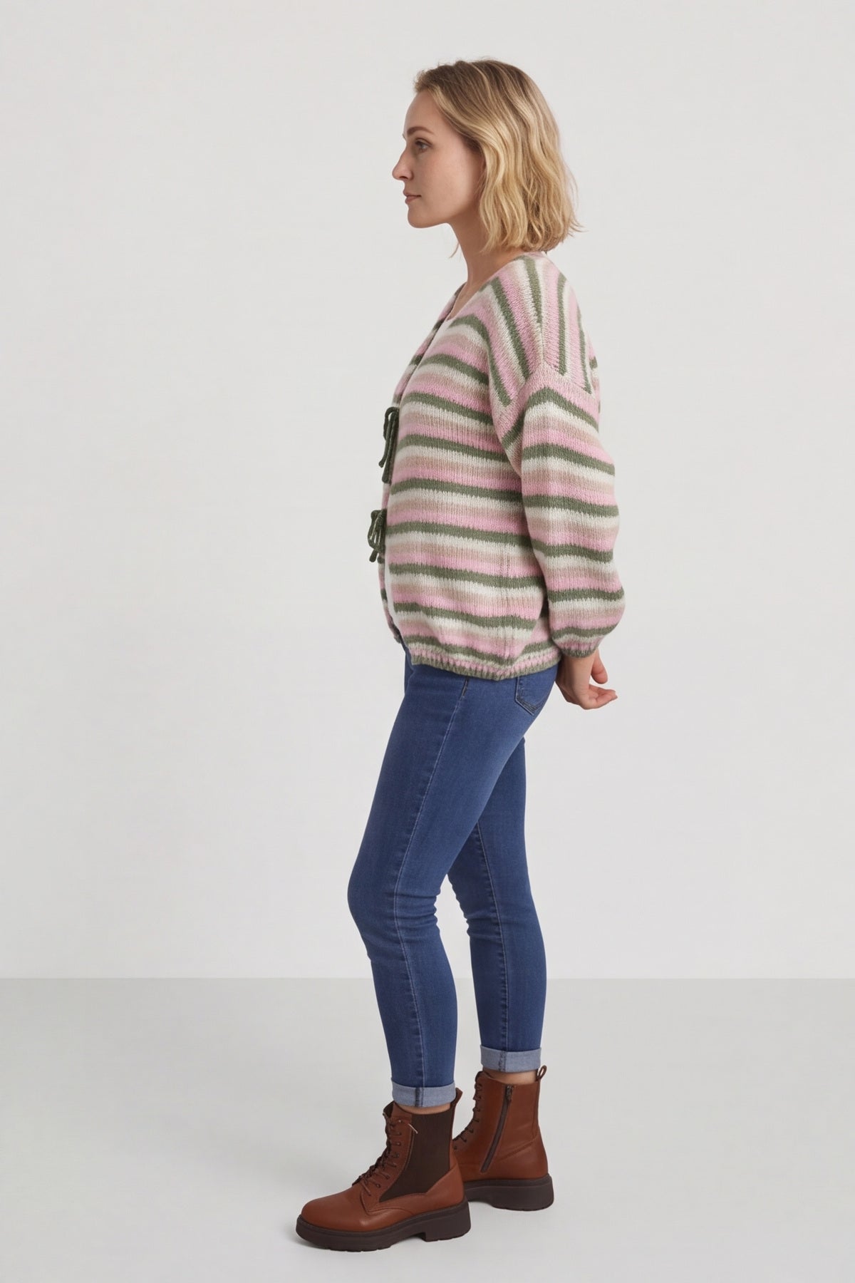 Merlyn Stripe Tie Knitted Cardigan Khaki – image 3 of 6