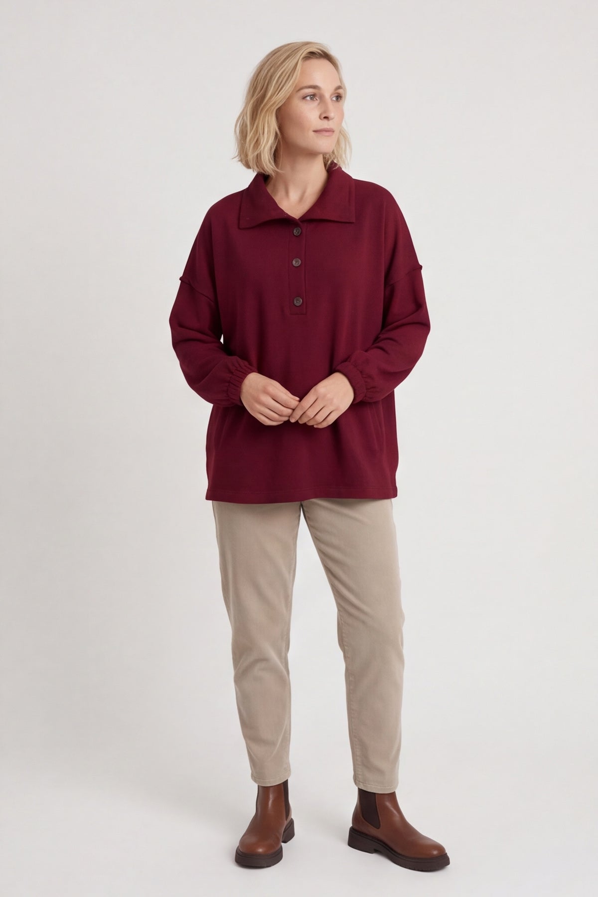 Sybil Button Cotton Sweatshirt Wine – image 3 of 5