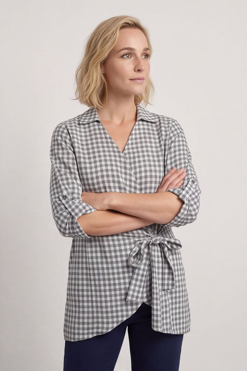 Shyla Gingham Wrap Cotton Top Mid Grey – image 3 of 6