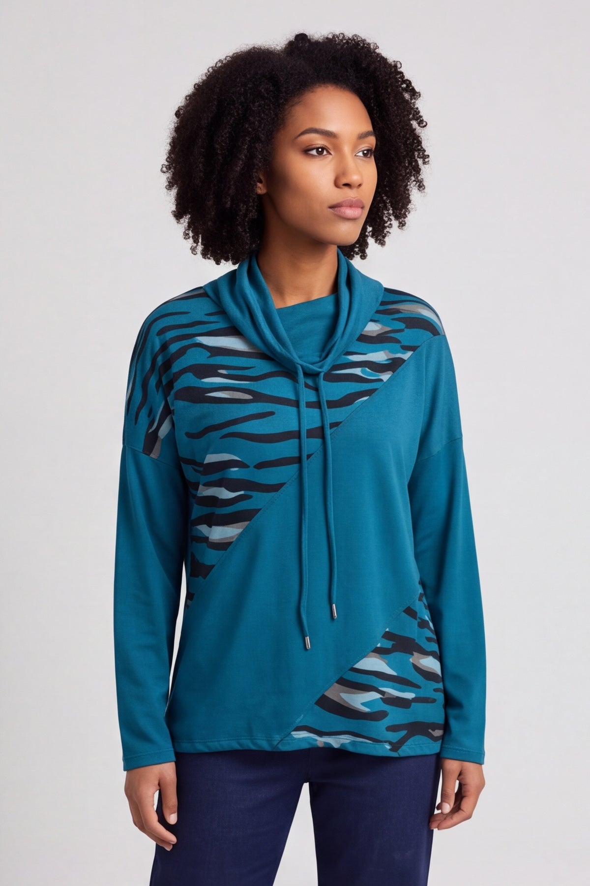 Lydia Cowl Print Cotton Top Teal – image 3 of 6