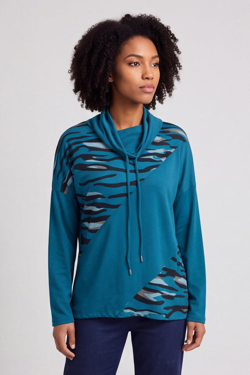 Lydia Cowl Print Cotton Top Teal – image 3 of 6