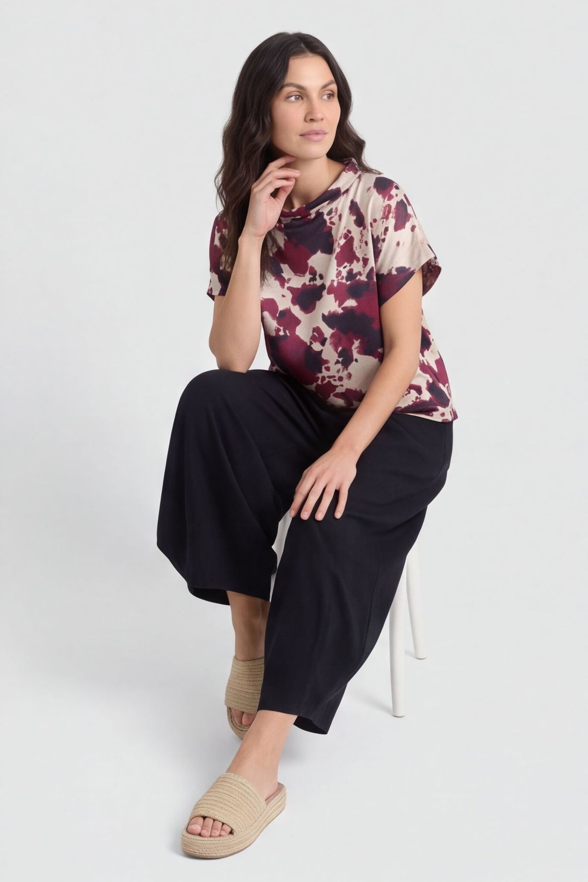 Nancy Print Cowl Neck Top Burgundy – image 3 of 6
