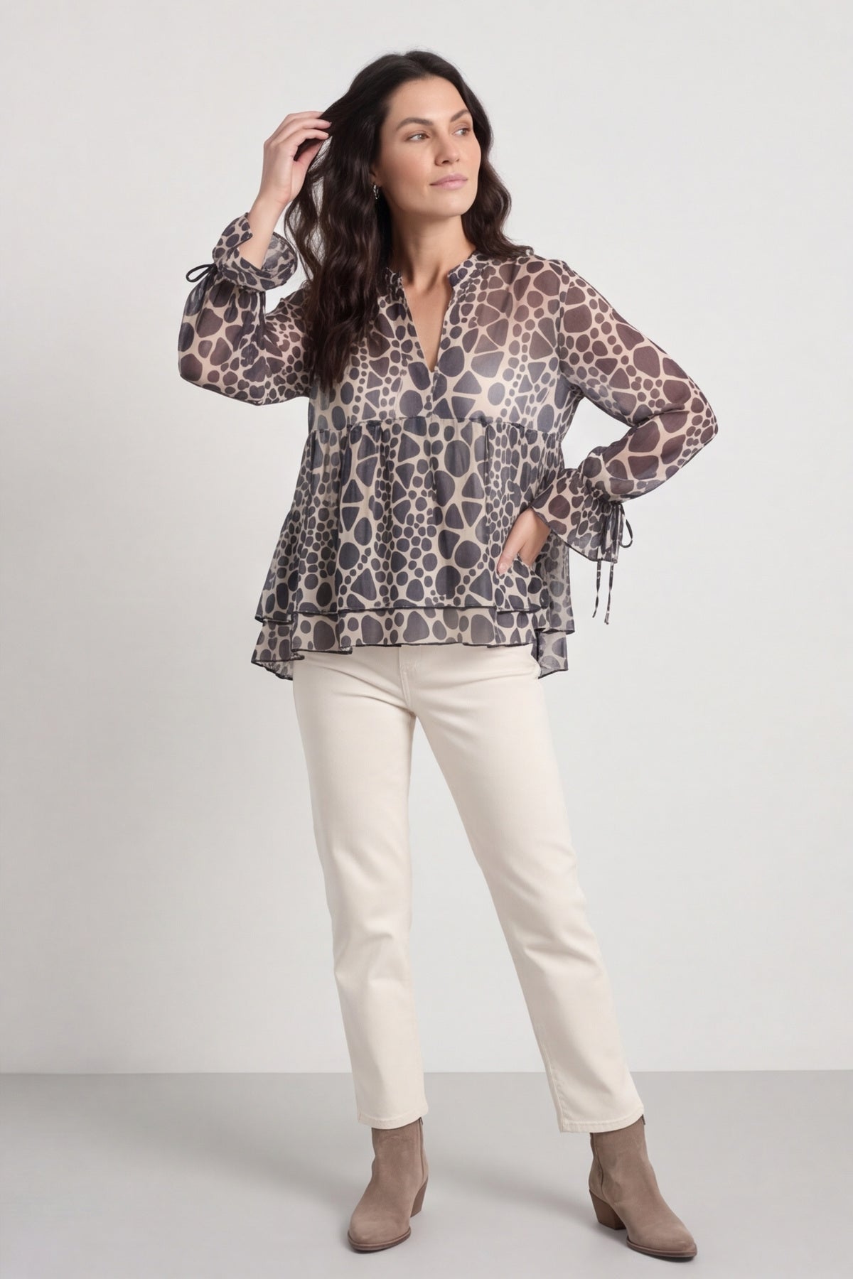 Edith Print Tie Front Top Charcoal – image 3 of 6