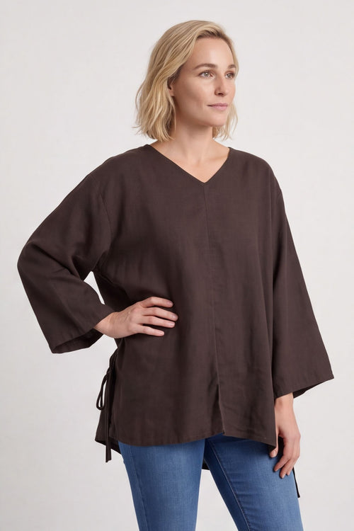Nulvi V-Neck Linen Top Cocoa – image 3 of 4
