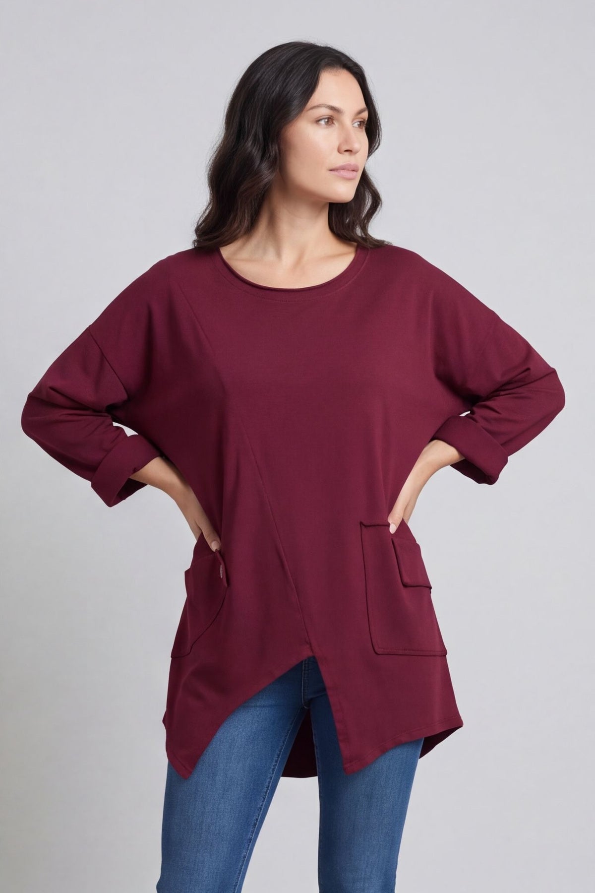 Kelilah Pocket Cotton Top Burgundy – image 2 of 4