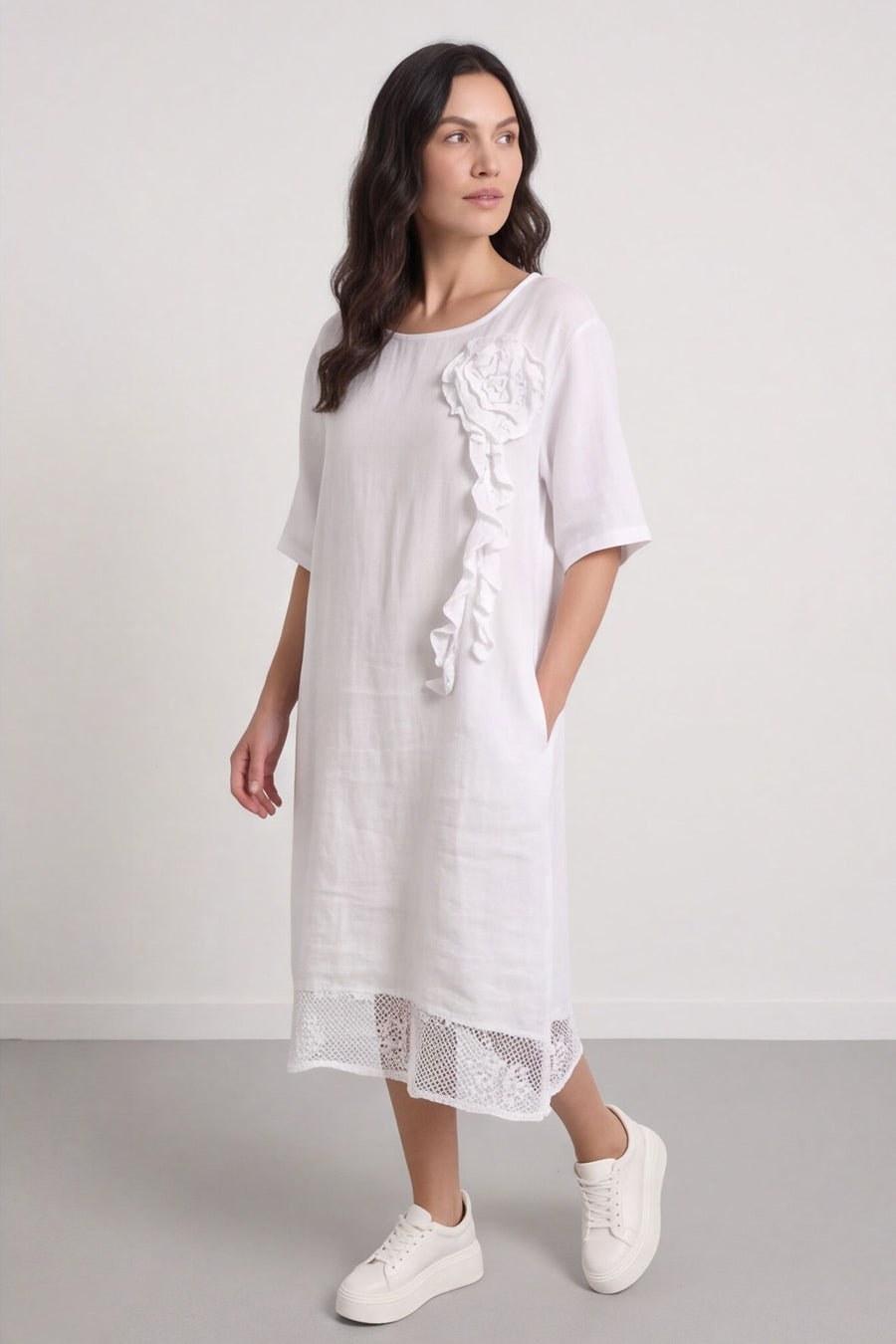 Lennon Rosette Linen Dress White – image 3 of 6