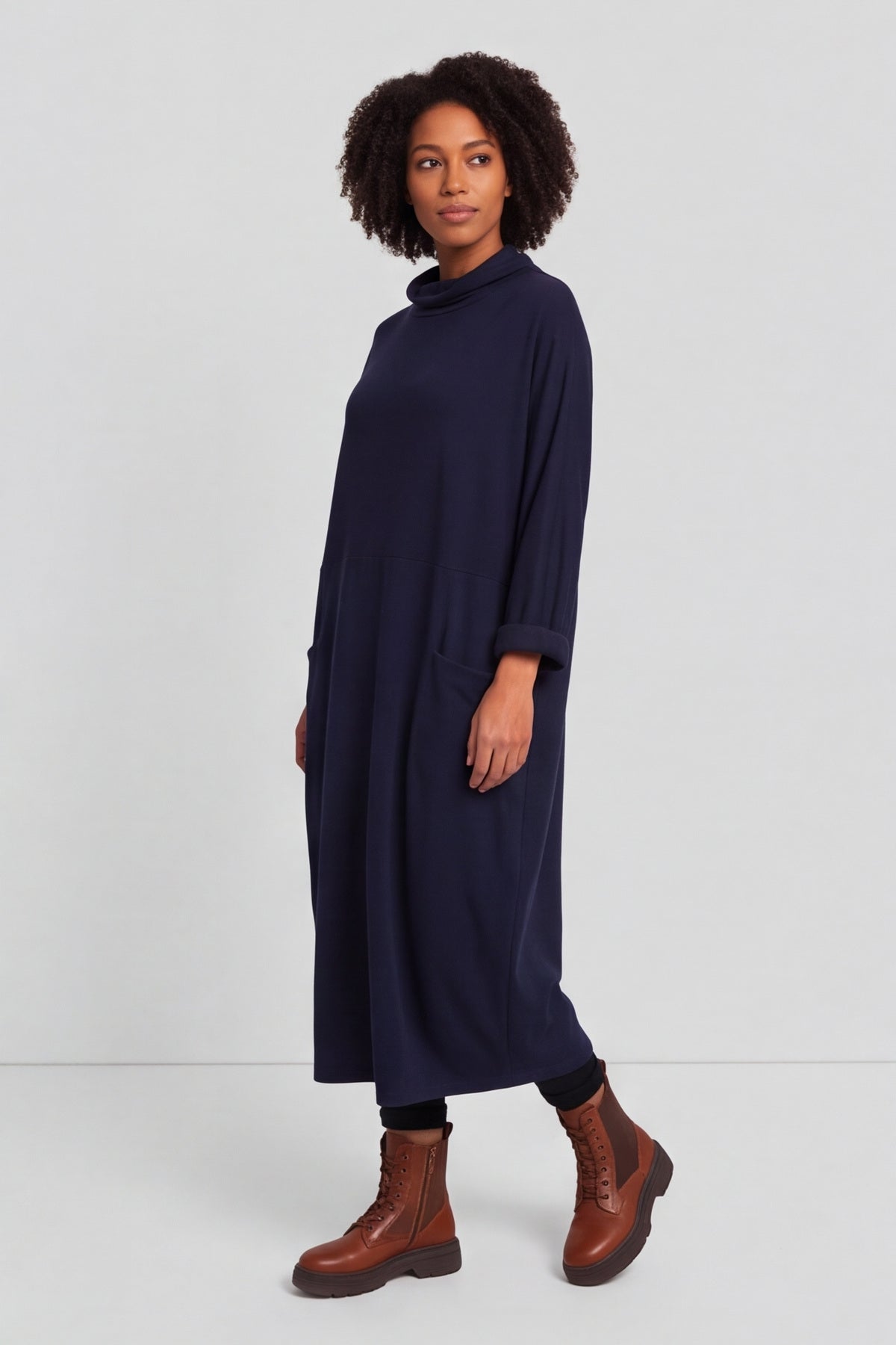 Libby Cowl Neck Cotton Dress Navy – image 3 of 6