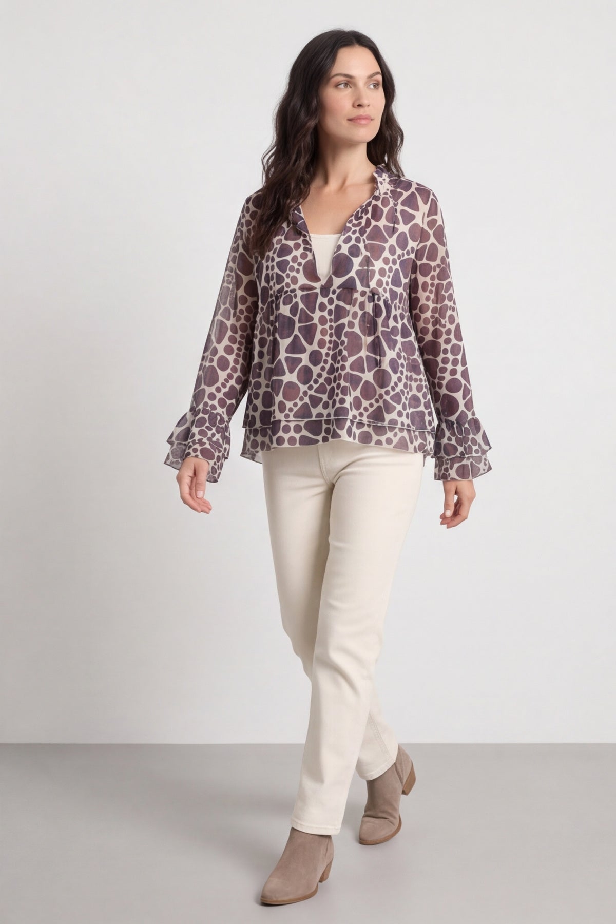 Edith Print Tie Front Top Cocoa – image 3 of 6
