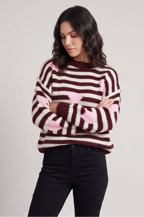 Carina Heart Stripe Knitted Jumper Wine – image 3 of 5