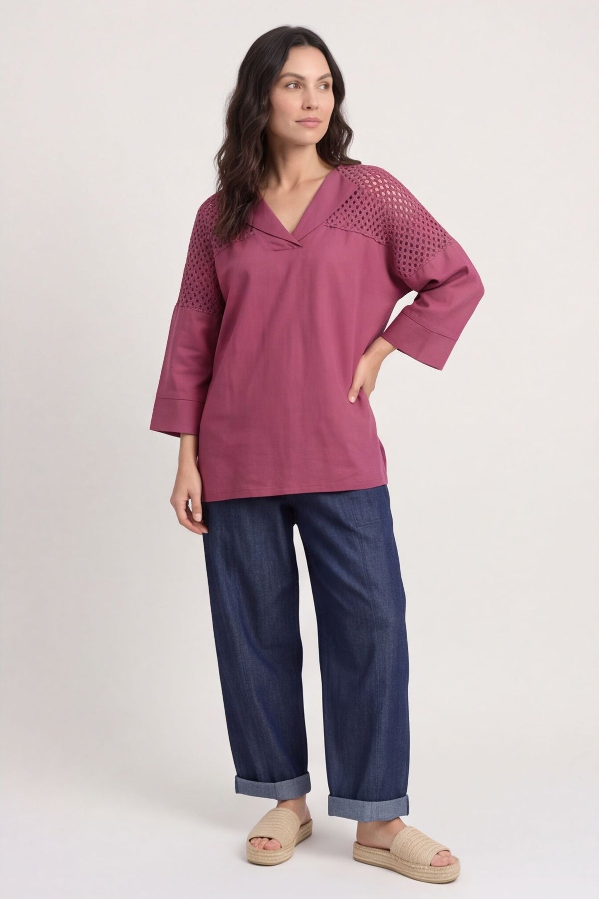 Natasha Crochet Shoulder Linen Top Wine – image 3 of 6