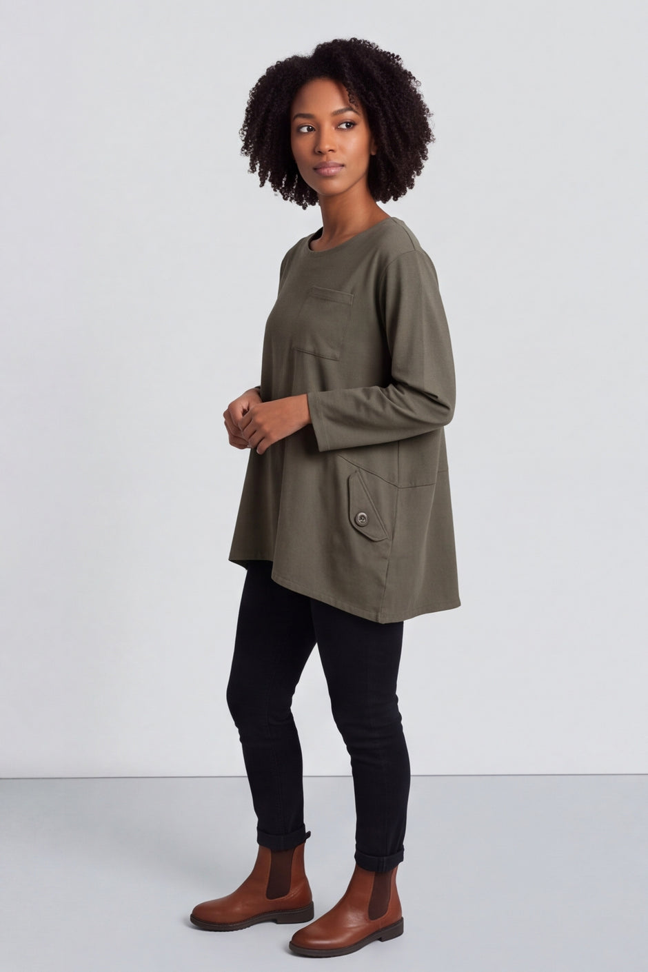 Angelina Pocket Cotton Top Khaki – image 3 of 6